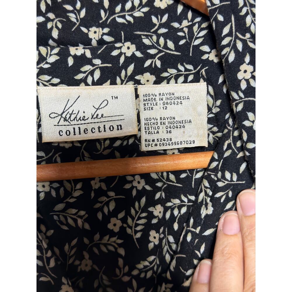 Vintage Midi Shirt Dress 12 Black Cream Floral Short Sleeve Collared Tie - Picture 4 of 7